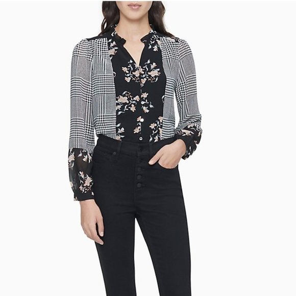 NWT! Calvin Klein Mixed Media Patchwork Blouse Large - Picture 3 of 7